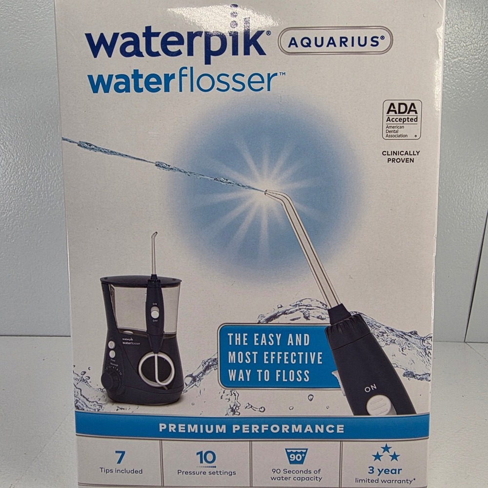Waterpik Aquarius Water Flosser Black 7 Tips 10 Pressure Settings New Sealed